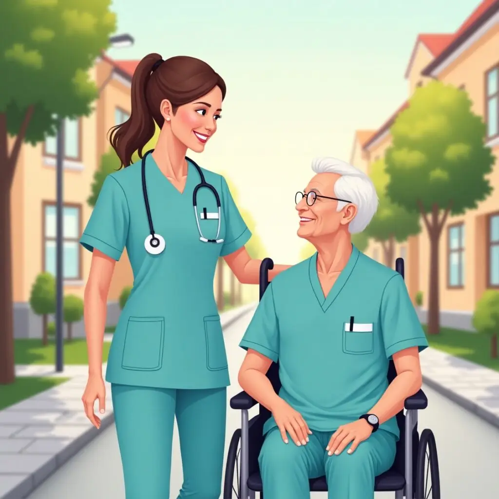 Pflegedienst Berlin Spandau – Pflegerin lächelt mit Patient im Rollstuhl